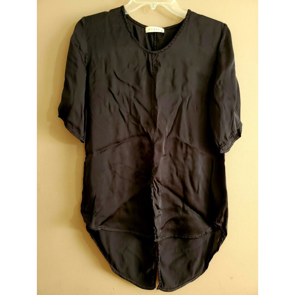 Stark X Tunic Top XS Black Satin Tie Front Tunic Back Cotton Blend Lightweight